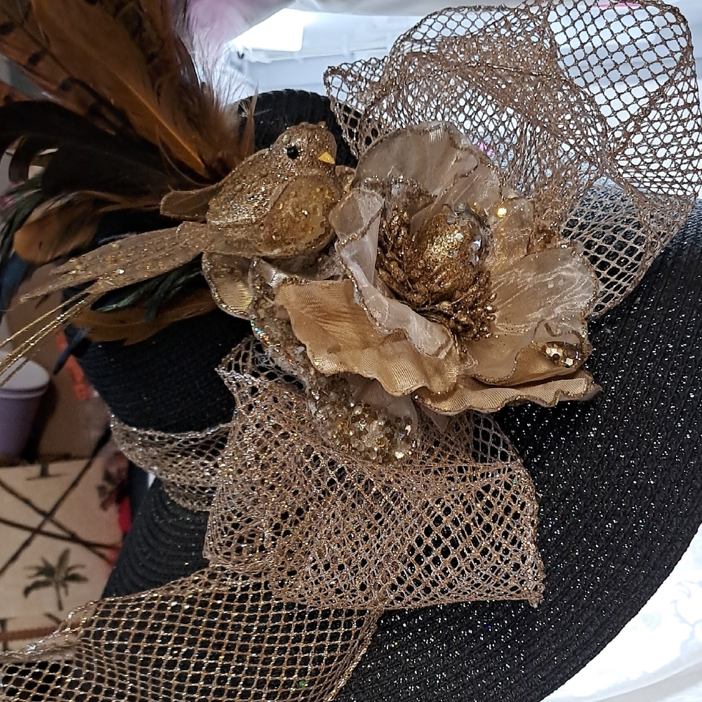 OOAK Black & Gold Couture Derby Hat with Designer Floral & Feather Bird - Picture 3 of 9